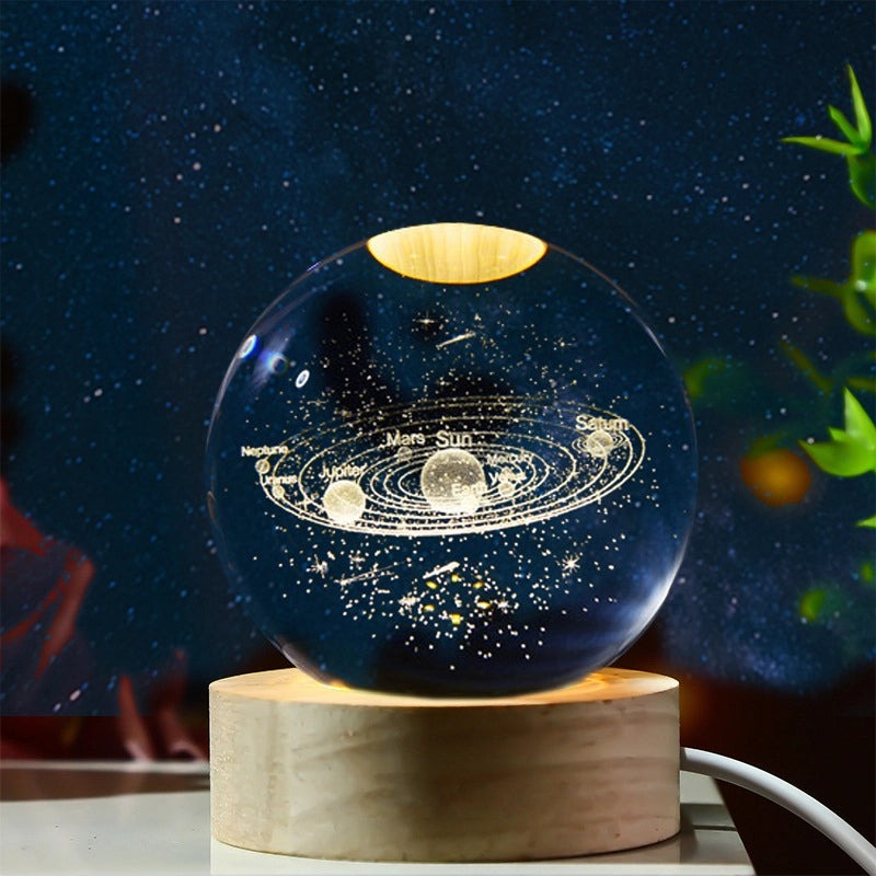 Bola de Cristal 3D Diseño de Sistema Solar con Iluminación y Base de Madera 1
