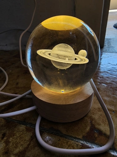Bola de Cristal 3D Diseño de Sistema Solar con Iluminación y Base de Madera 3