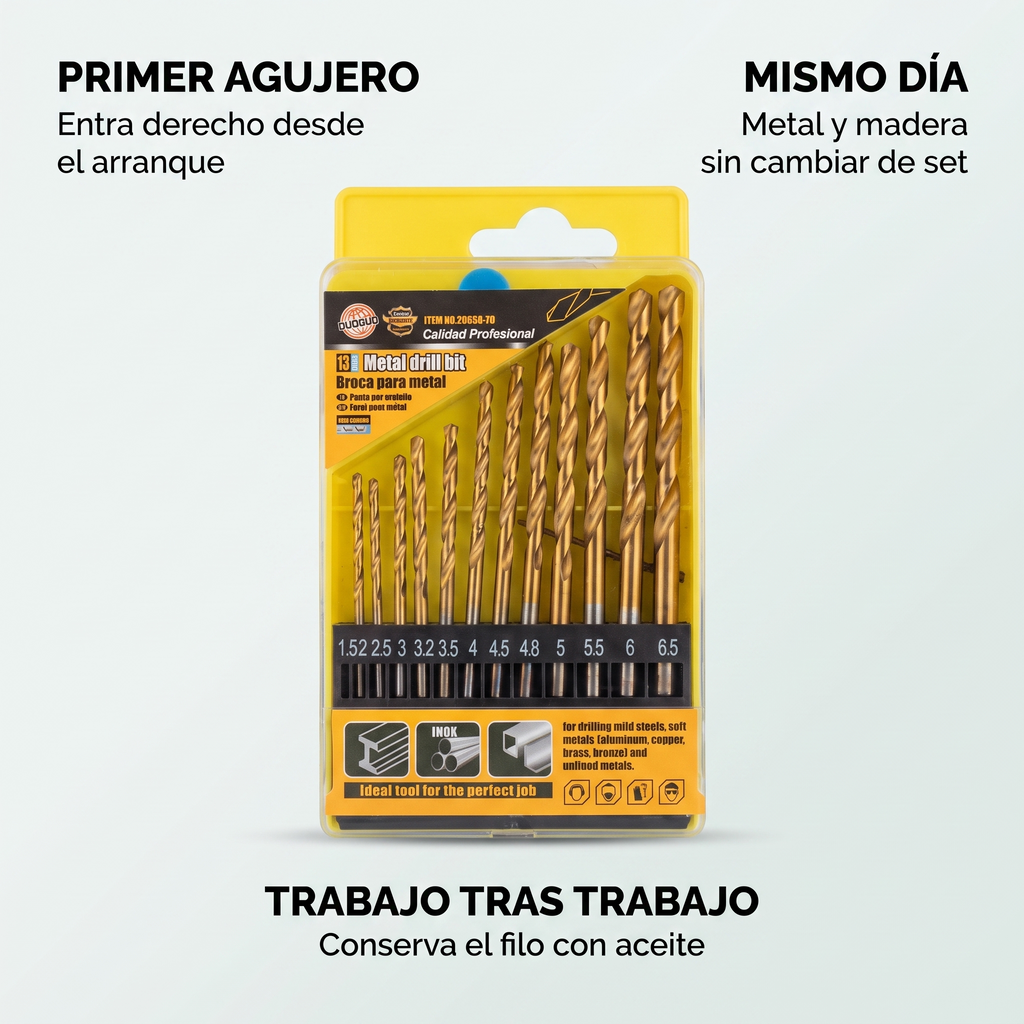 Juego de 13 brocas para metal y madera – Perfora sin desviar