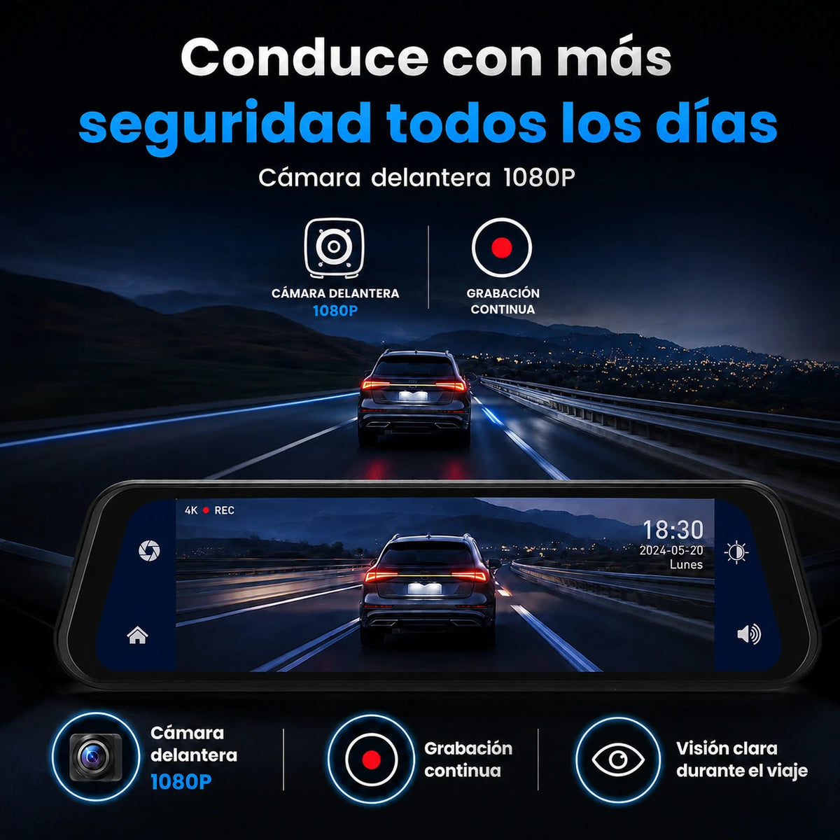 DriveVision 360 | Espejo Retrovisor con Cámara Delantera y Trasera para Auto