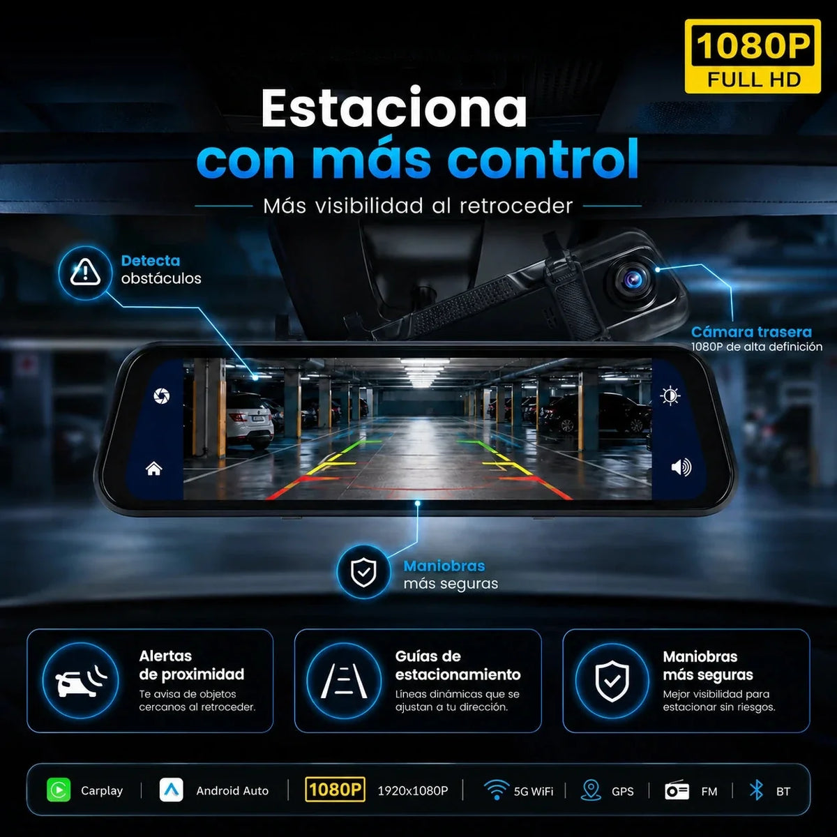 DriveVision 360 | Espejo Retrovisor con Cámara Delantera y Trasera para Auto
