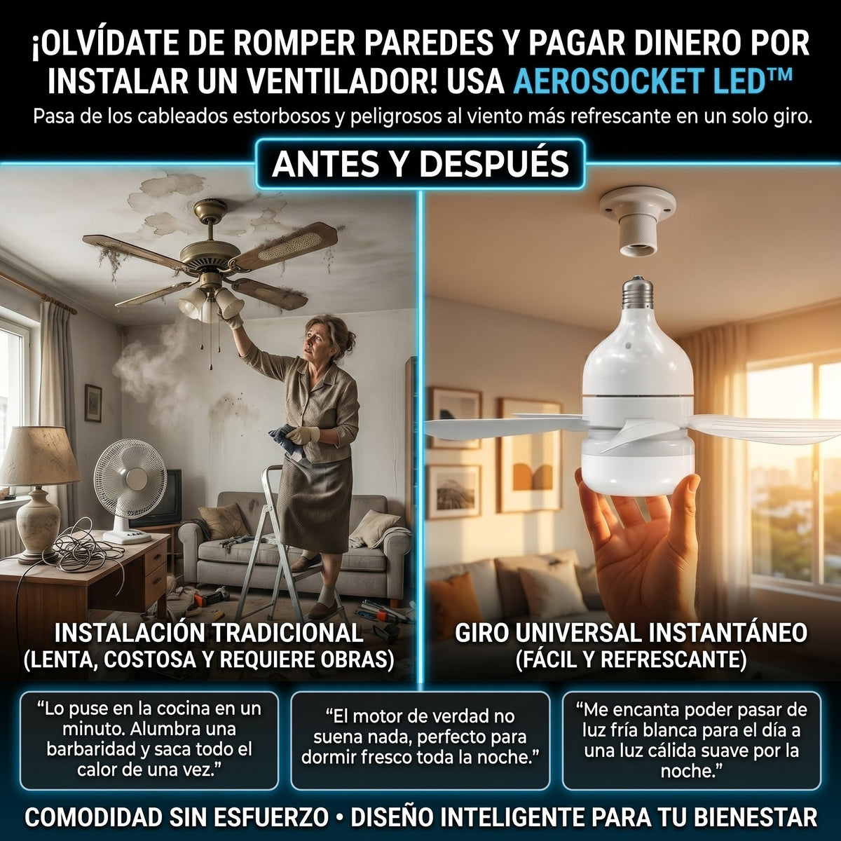AeroSocket LED™ Ventilador de Techo Tipo Bombillo de 6 Aspas control remoto
