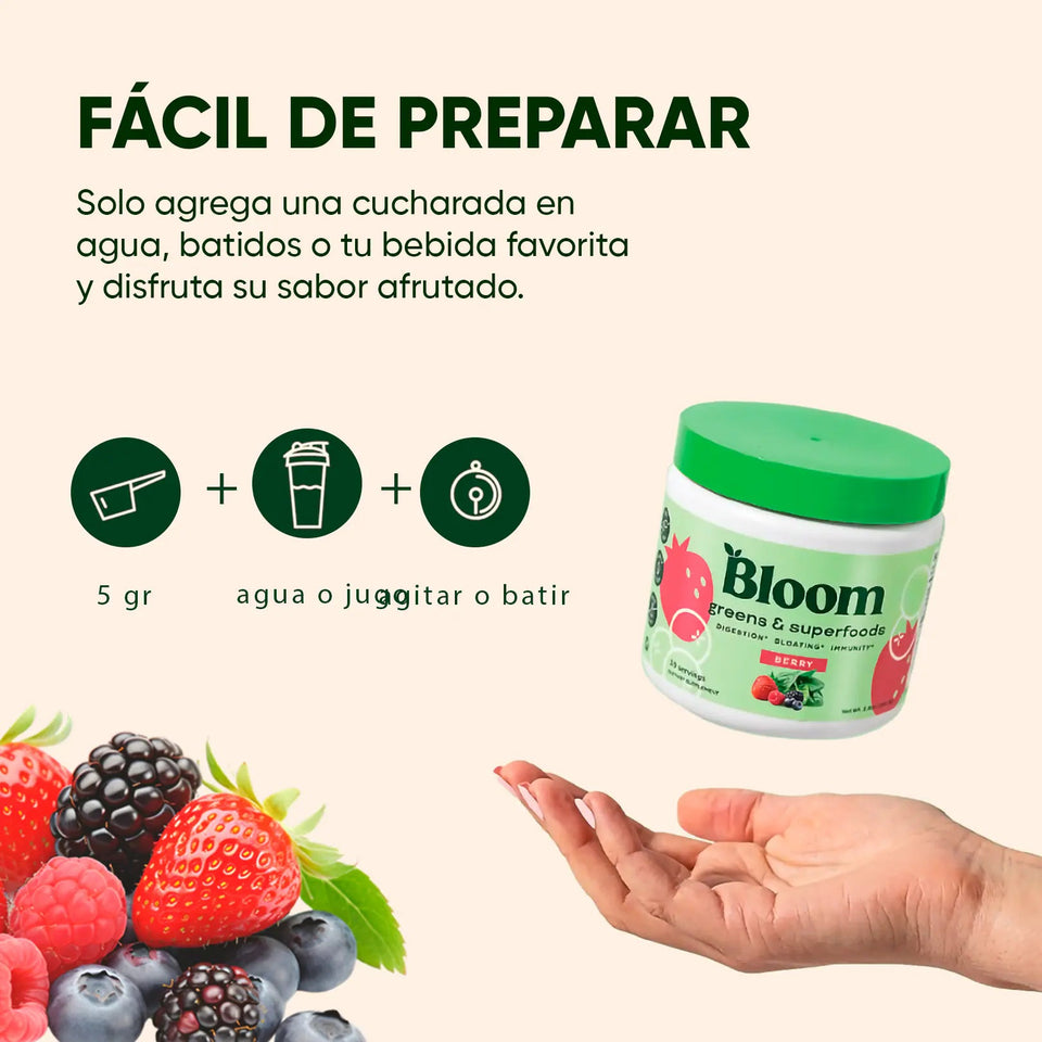 BLOOM®-Mezcla de Verduras, Antioxidantes y Probióticos en polvo Frutos Rojos 2