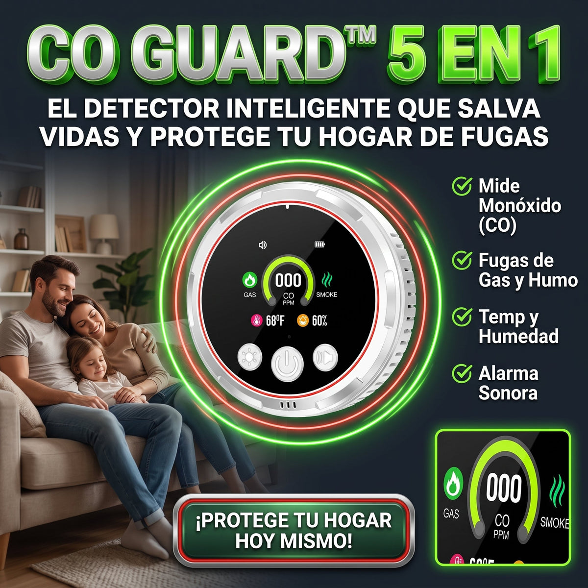CO GUARD™ 5 EN 1 Detector de Humos seguridad para el hogar