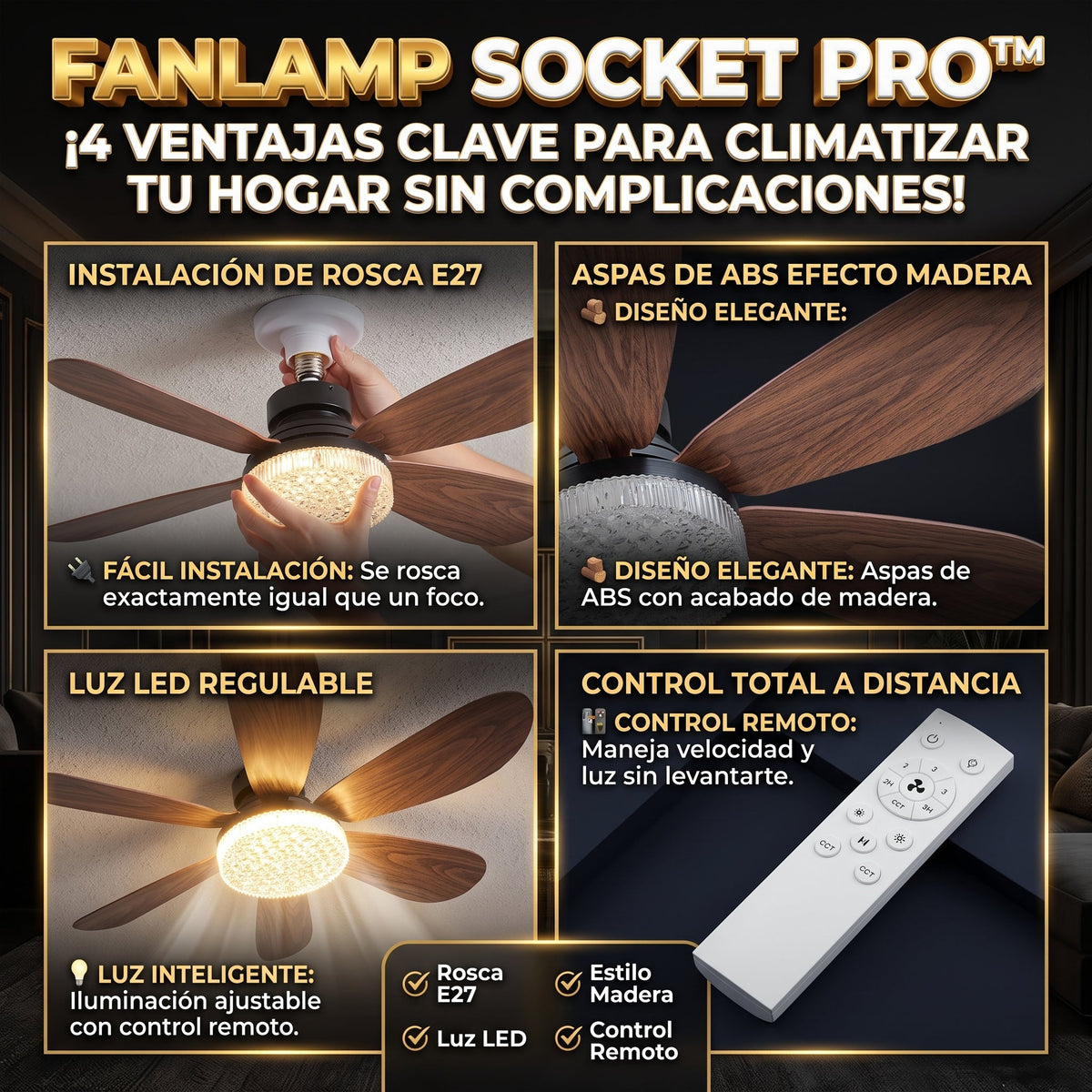 FANLAMP™ Lámpara de Techo LED Aspas Efecto Madera y Rosca E27