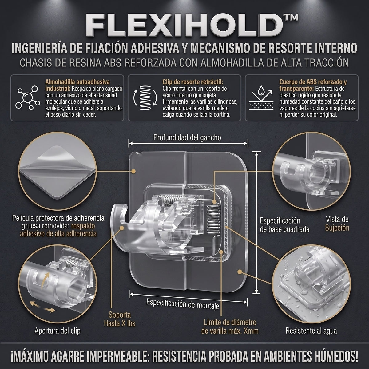 FlexiHold™ Ganchos Adhesivos de Soporte para Barra de Cortina