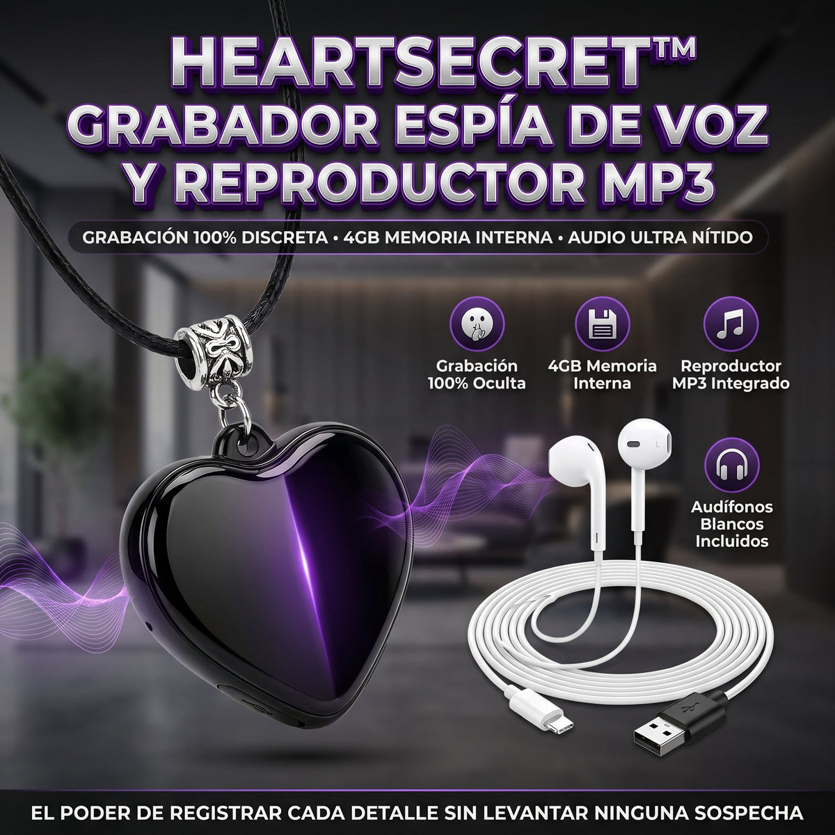 HeartSecret™ Grabador de Voz Digital Espía y Reproductor MP3