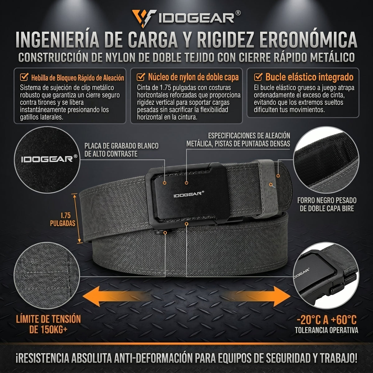 IDOGEAR® cinturón táctico rígido de trabajo pesado
