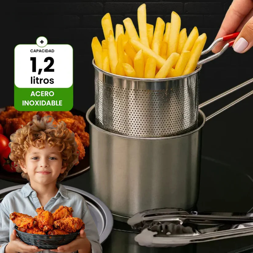 Olla freidora de 1,2L en acero inoxidable 304 alemán, compatible con cocinas de vitrocerámica e inducción