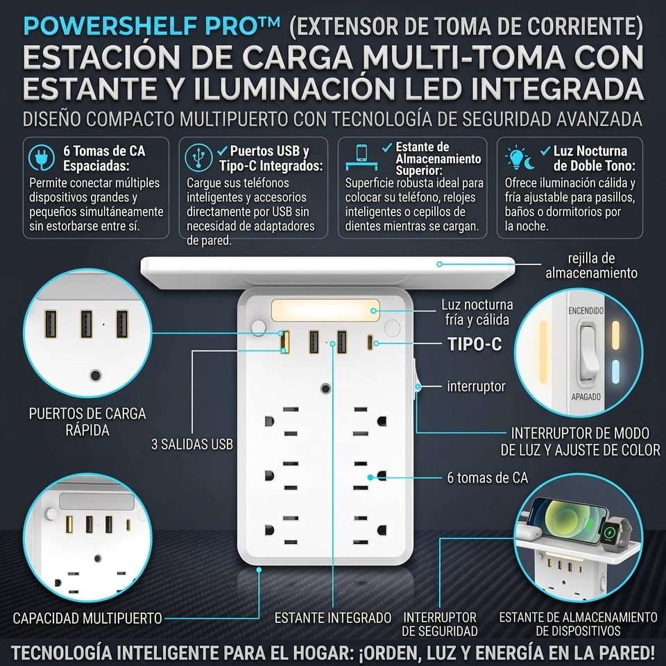 POWERSHELF™ Extensión de Enchufe de Pared con Repisa y Luz Nocturna 2